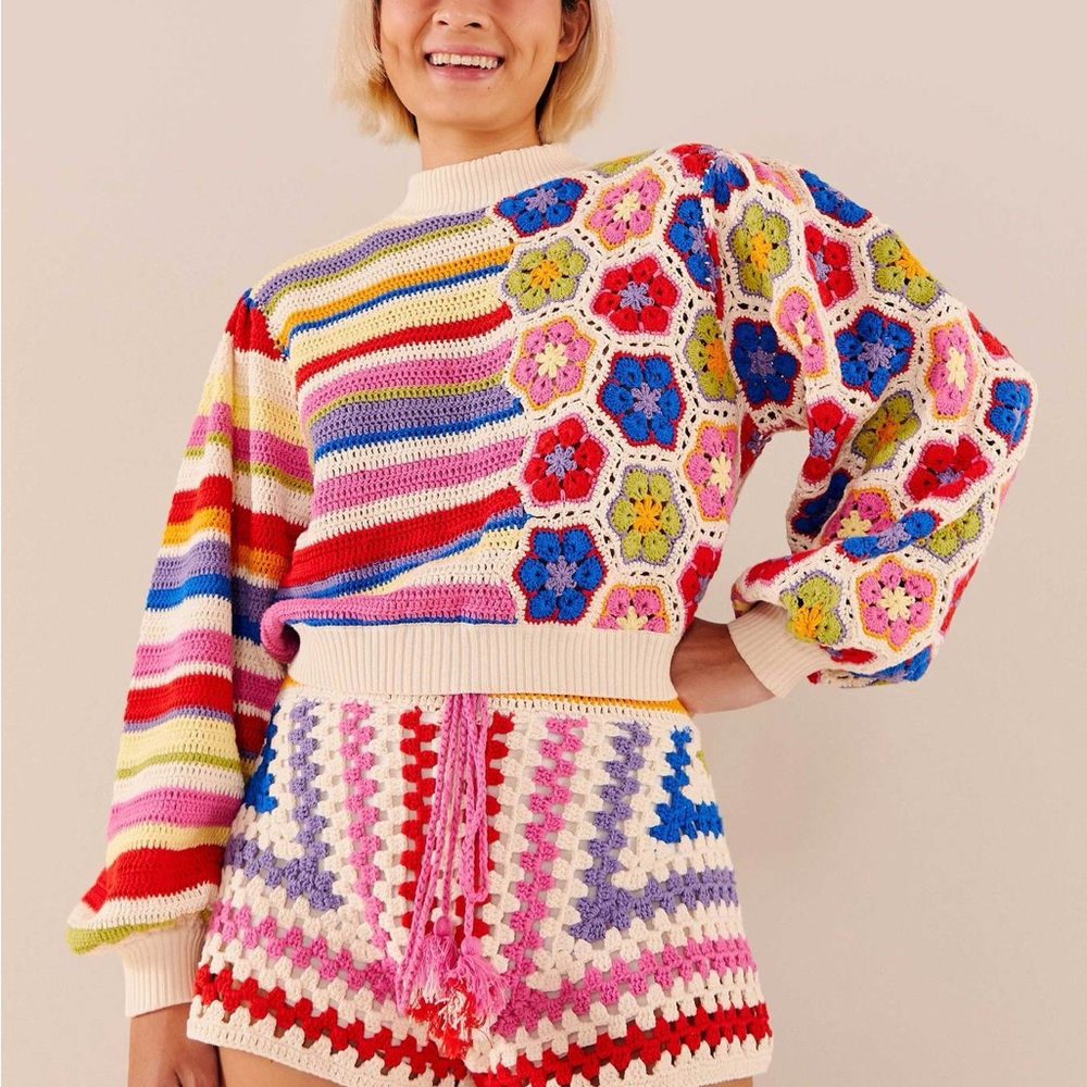 Farm Rio Rainbow Crochet Squares Sweater